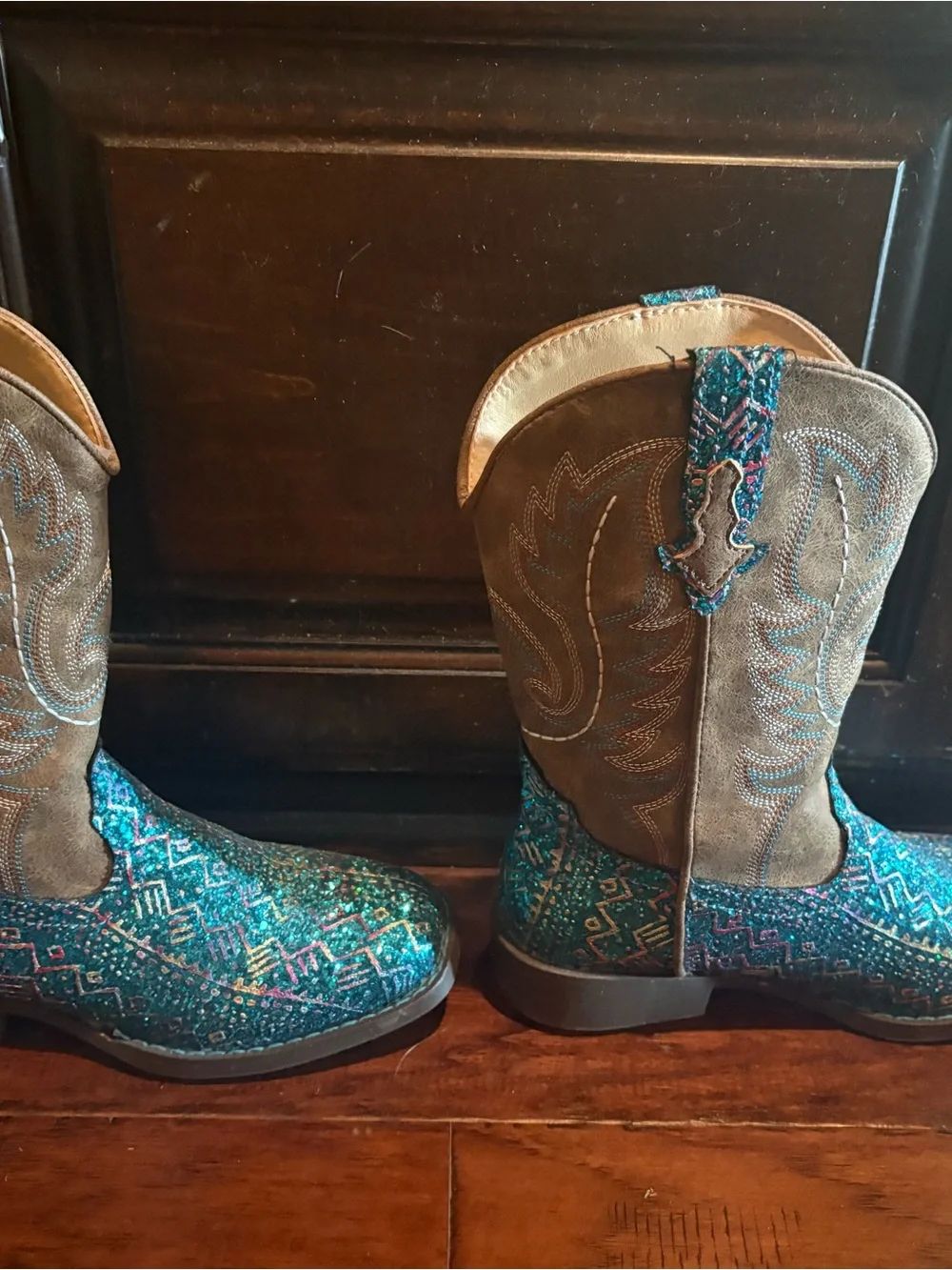 Western-Style Little Kid’s  Boots in Teal Multicolor Embellishment